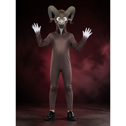 Goat Monster Kids Costume, Brown Animal Onesie with Horned Mask for Halloween main product view