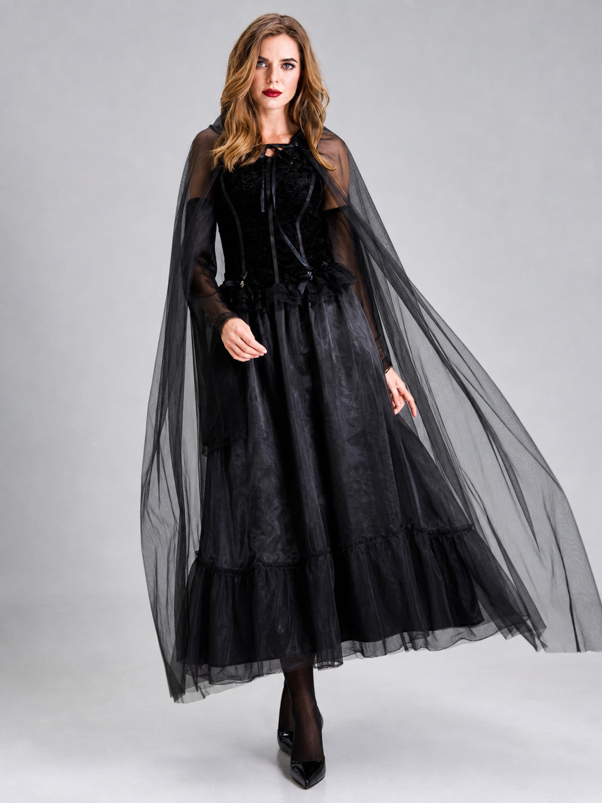 Gothic Black Dress with Cape and Lacing
