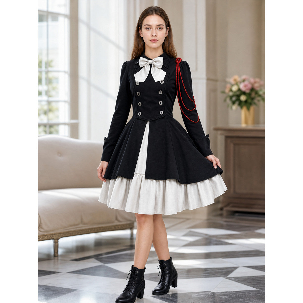 Gothic Double-Breasted Dress with Long Sleeves lifestyle view