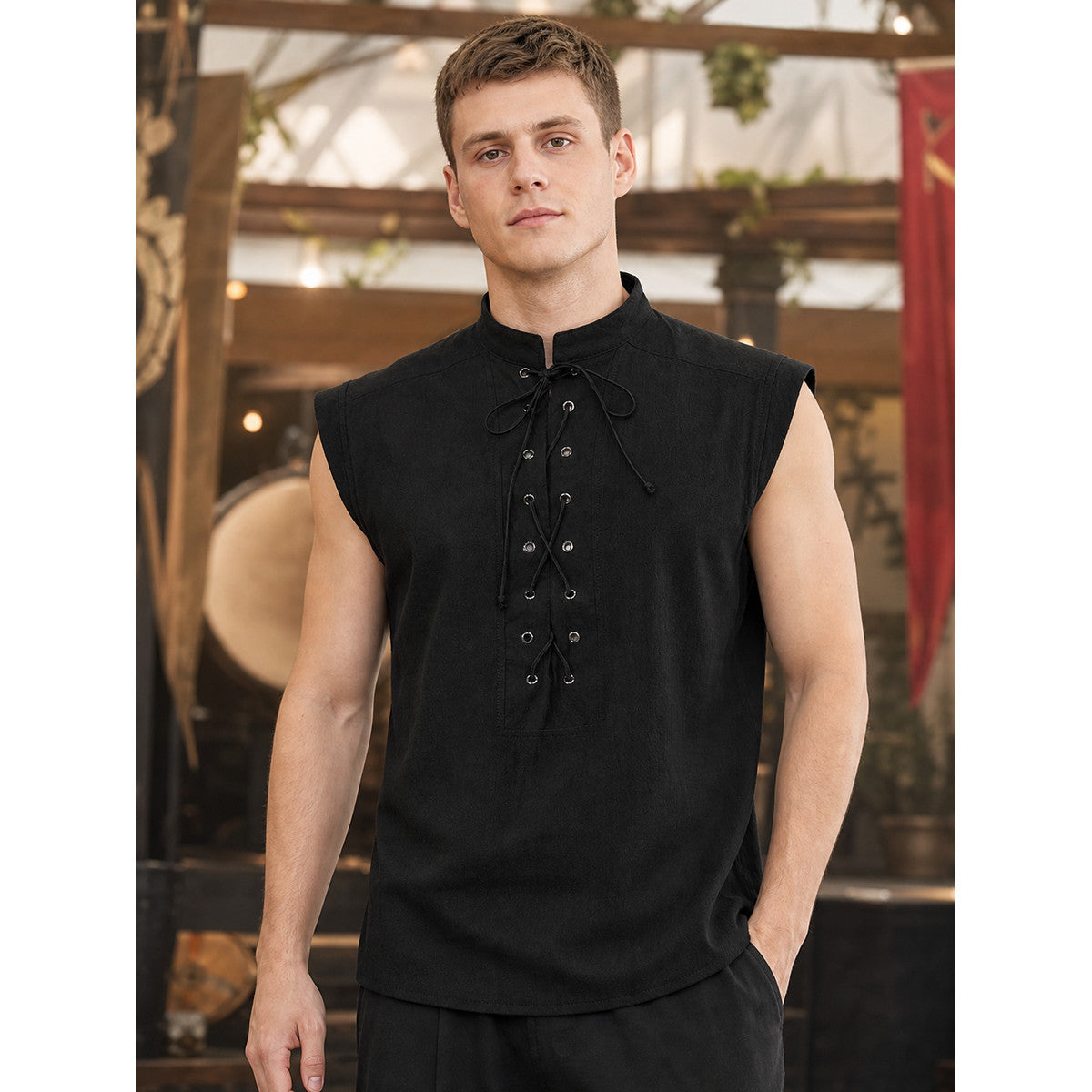 Gothic Lace-Up Vest with Stand Collar lifestyle view