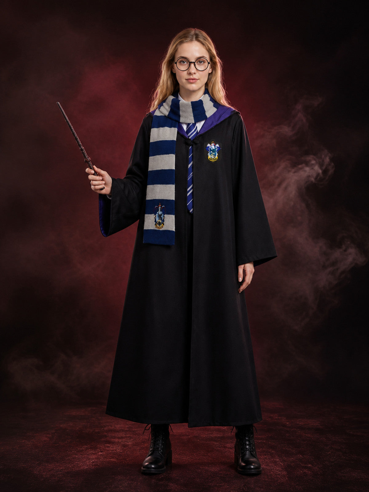Wizard Robe Costume Set with Black Long Hooded Cloak, Purple Lining, Striped main product view
