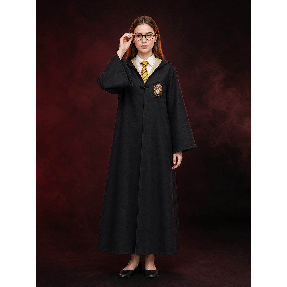 Wizard Costume Set, Hooded Black Robe with Round Glasses and Striped Tie lifestyle