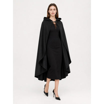 Black hooded cloak shown full-body over a black dress, with layered edges and a brown lace tie