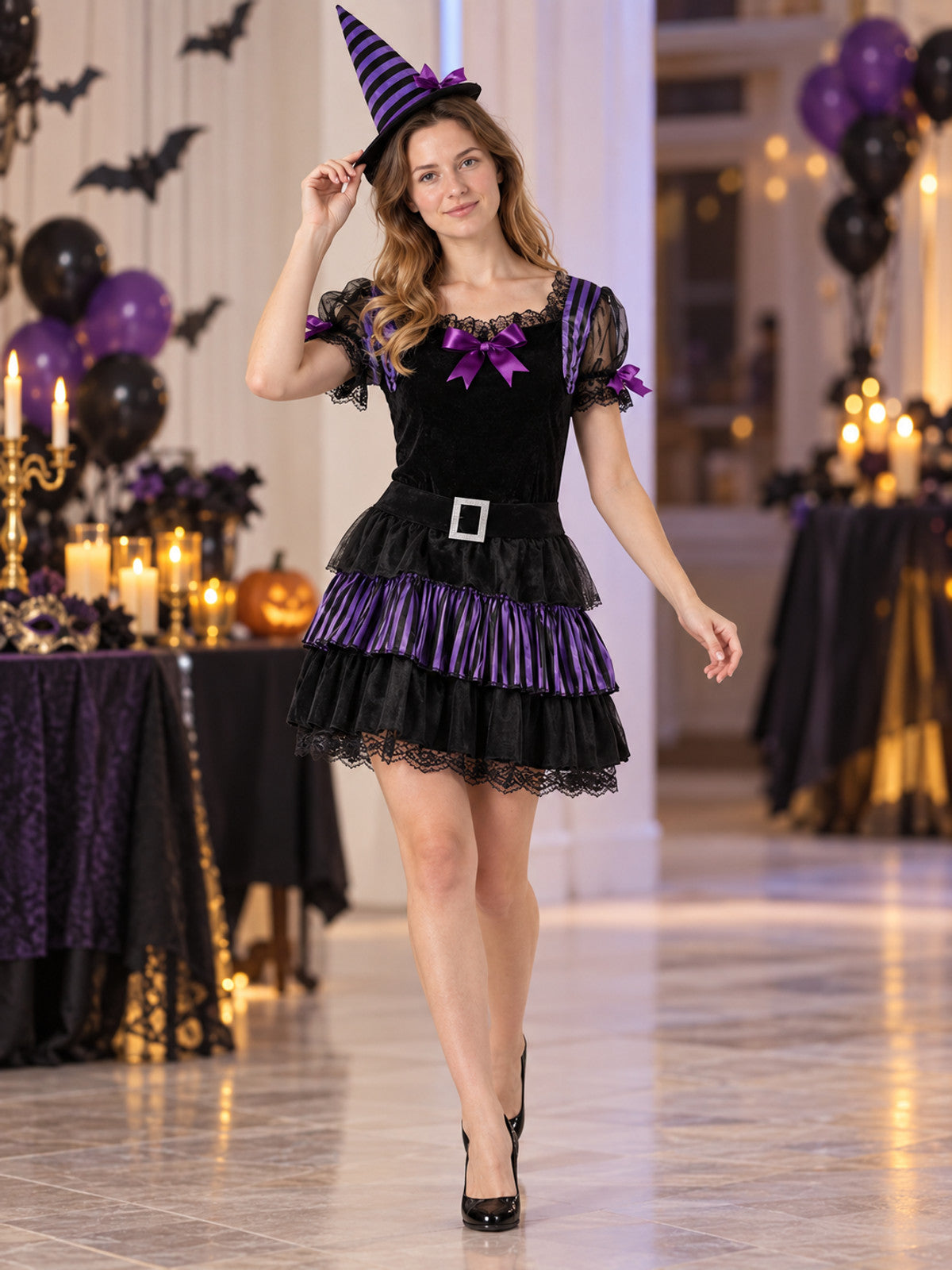 Witch Costume with Black and Purple Hat and Dress