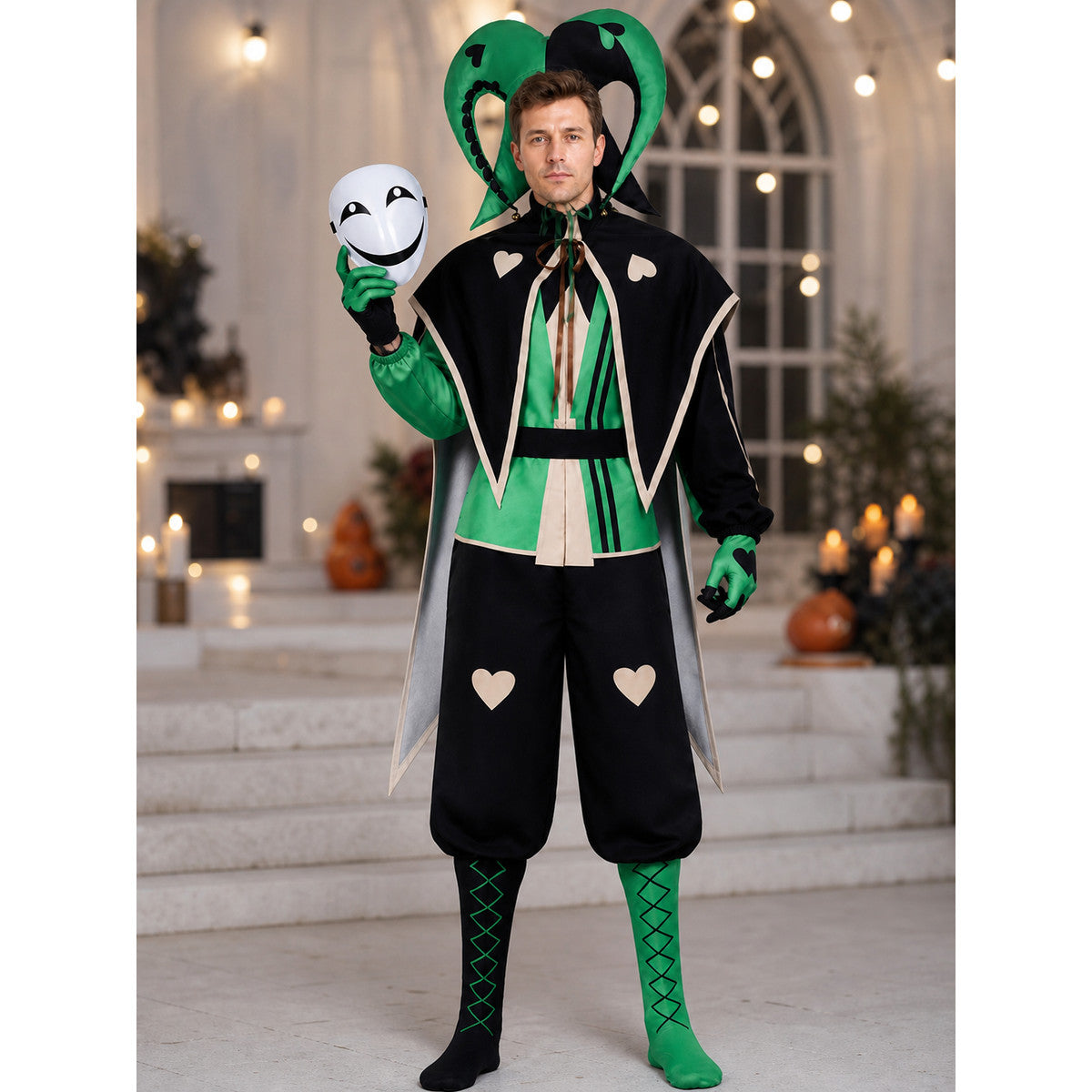 Adult black and green jester clown costume with jester hat and white mask styled at a Halloween party