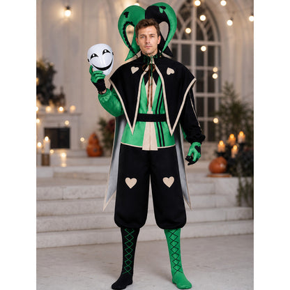 Adult black and green jester clown costume with jester hat and white mask styled at a Halloween party