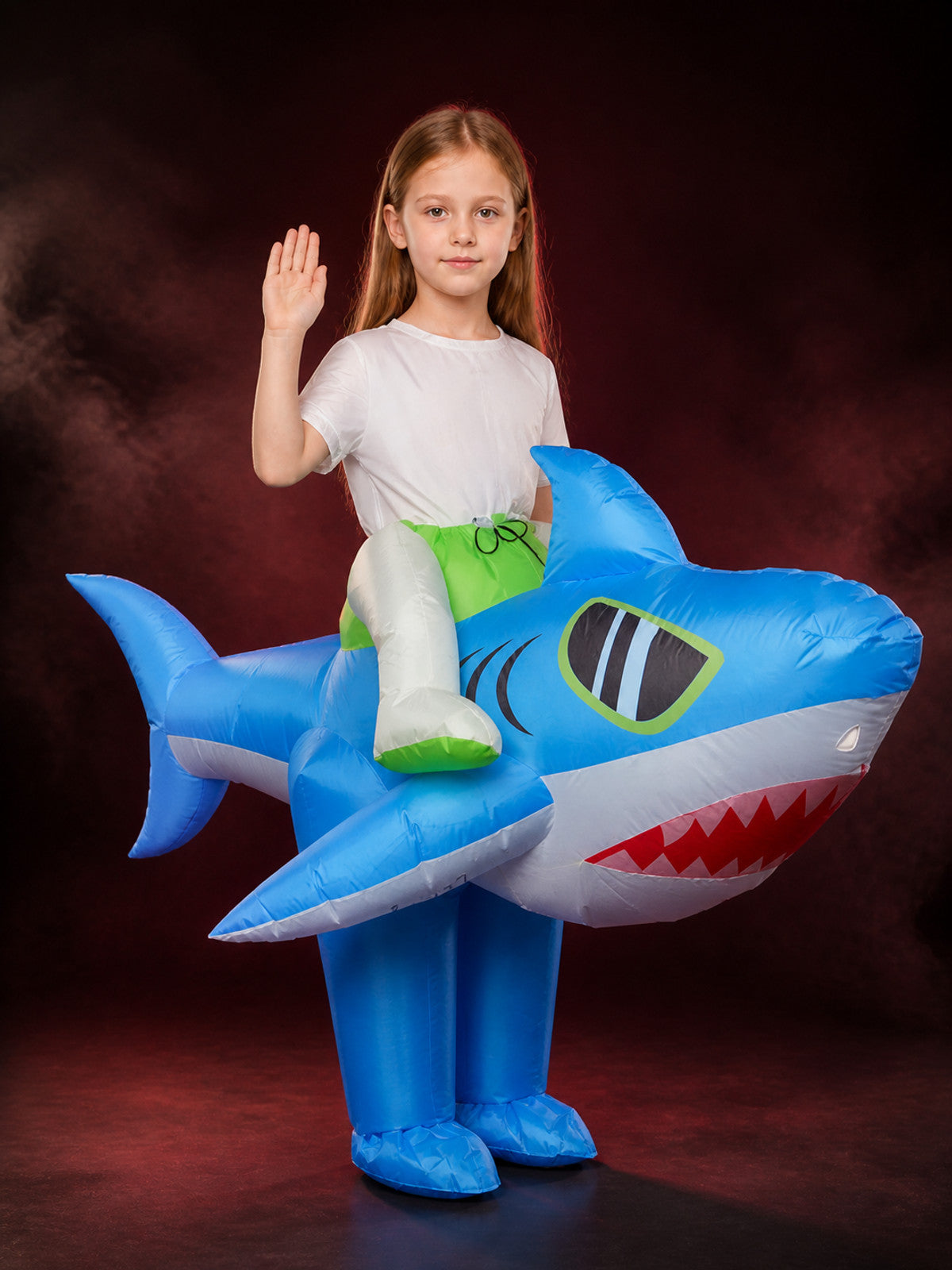 Blue Inflatable Shark Bodysuit Costume With Fins and Red Teeth for Halloween main product view