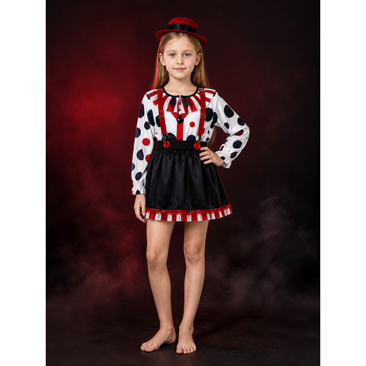 Women's Clown Costume Set with Striped Top and Polkadot Skirt, Jester Hat for main product view