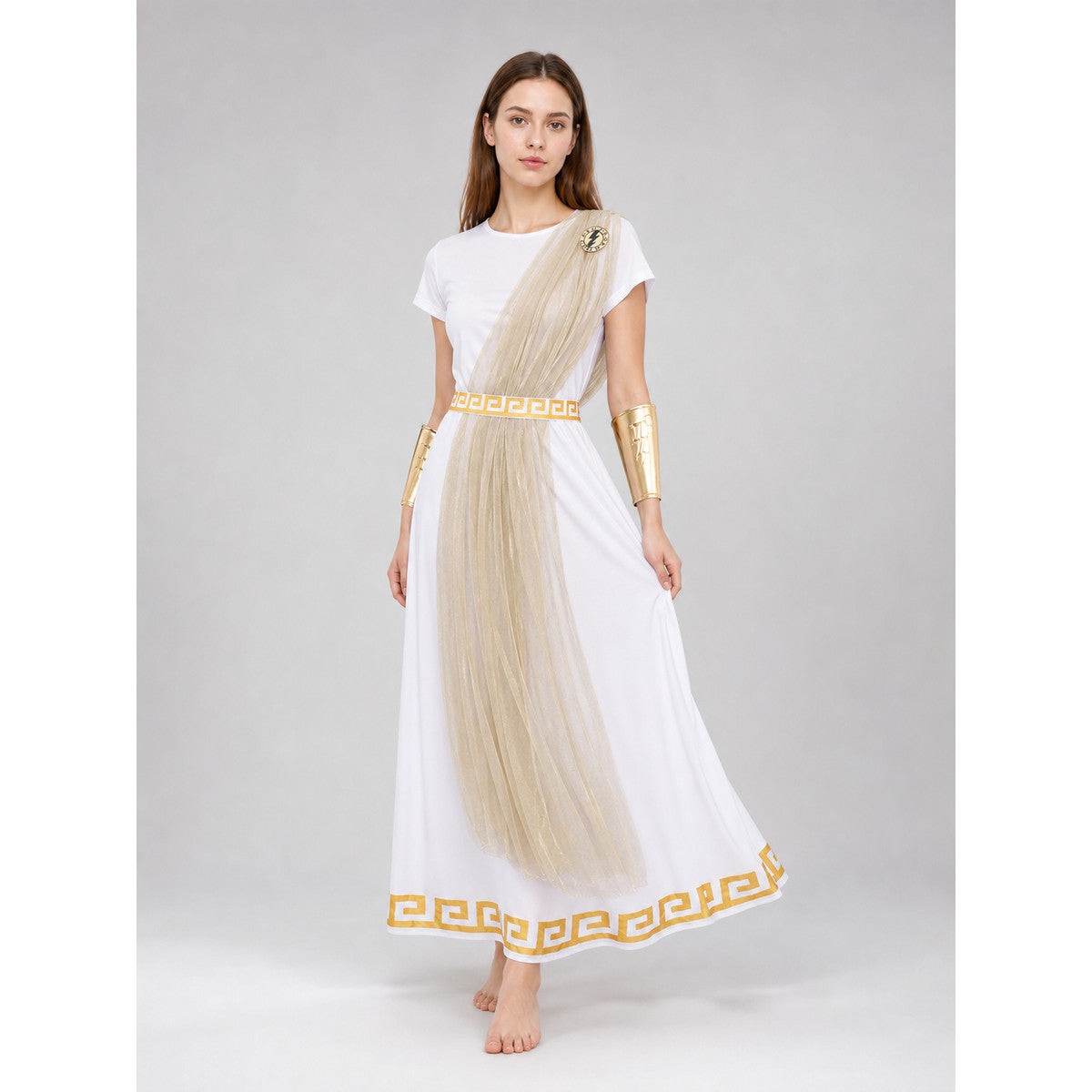 The Greek-style costume is designed as a classic draped garment with decorative details. The set includes a white tunic with sleeves, a belt or decorative sash with gold-tone trim, a long semi-transparent drape in a champagne shade, a pair 