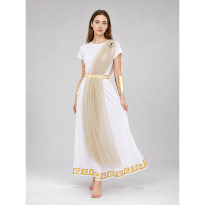 The Greek-style costume is designed as a classic draped garment with decorative details. The set includes a white tunic with sleeves, a belt or decorative sash with gold-tone trim, a long semi-transparent drape in a champagne shade, a pair 