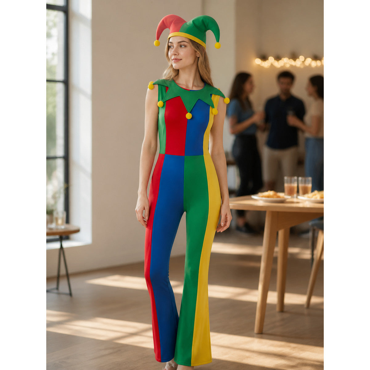Clown Costume, Multicolored Jumpsuit with Hat lifestyle