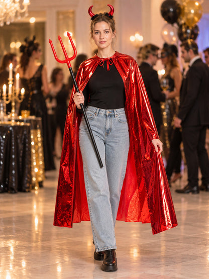 Red Costume with Cape, Horn Headband, and Trident lifestyle view
