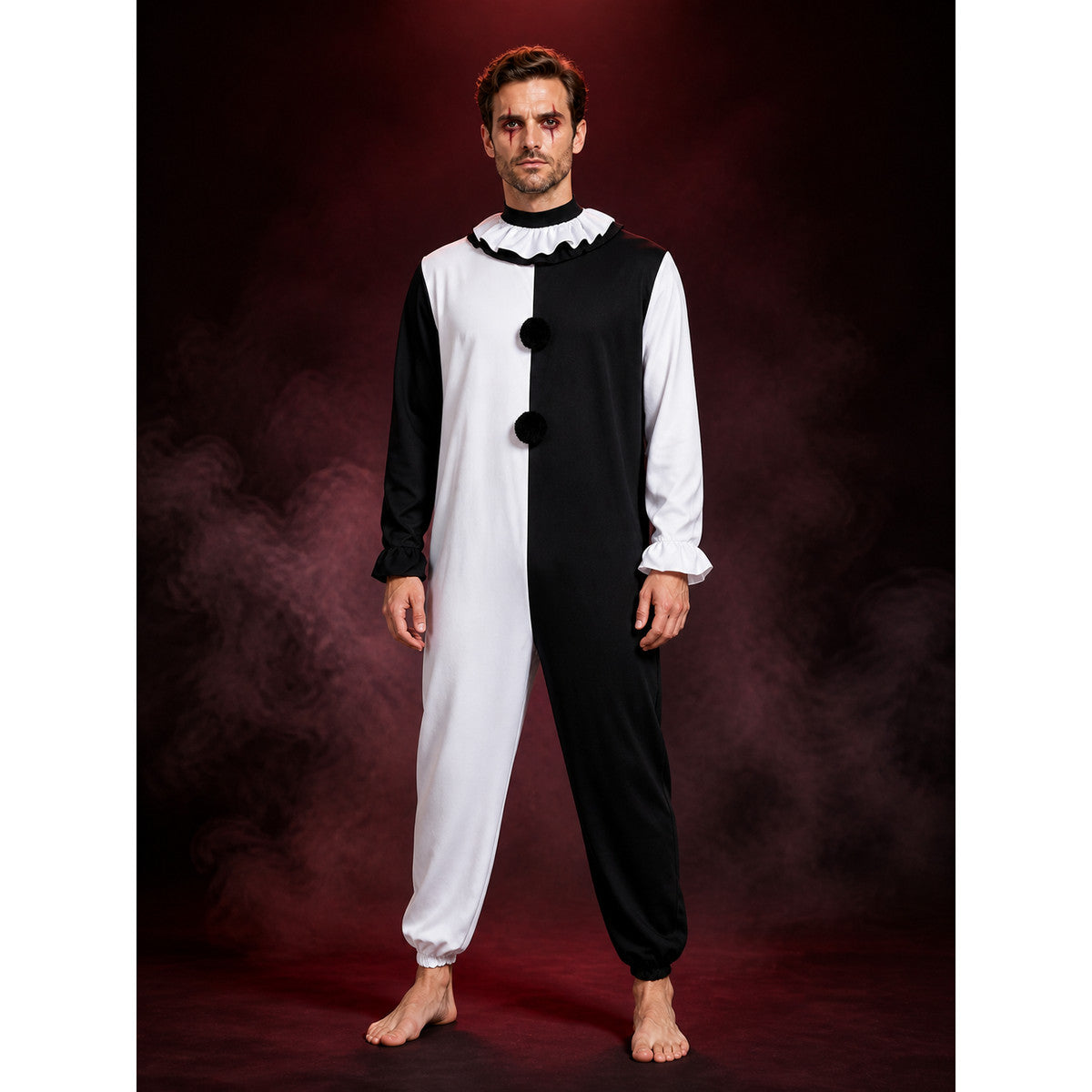 Unisex Clown Jumpsuit Costume, Black and White Split Design with Ruffled Collar main product view