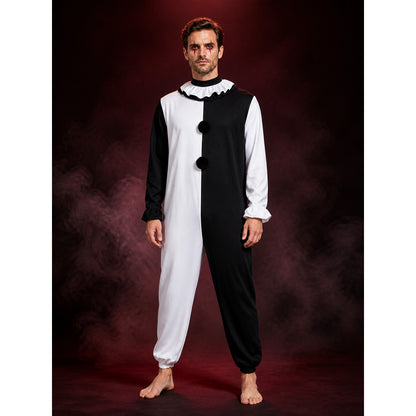 Unisex Clown Jumpsuit Costume, Black and White Split Design with Ruffled Collar main product view