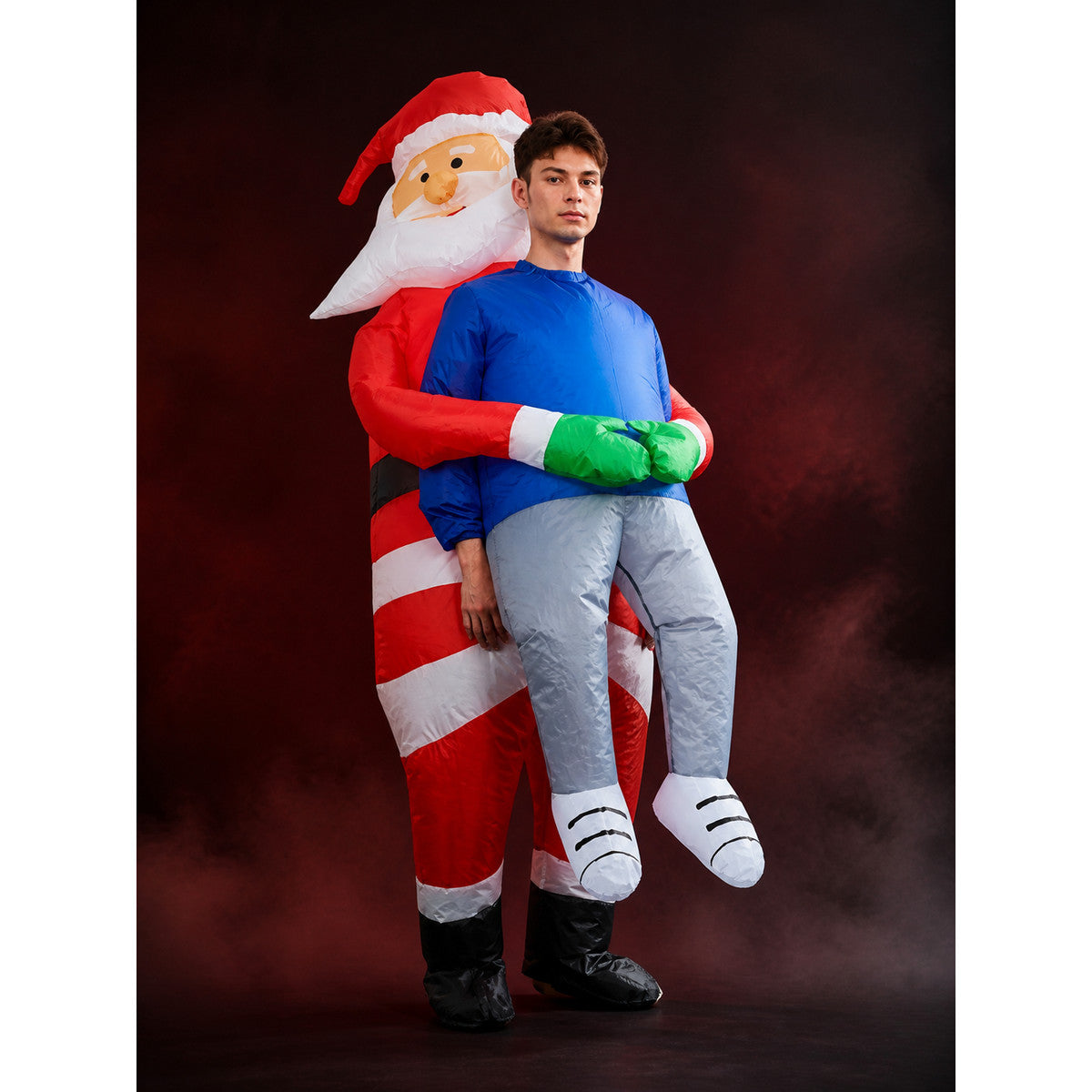 Red and White Striped Santa Claus Costume Bodysuit with White Legs and Green main product view