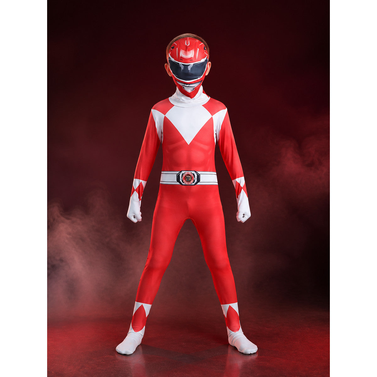 Red White Black Dragon Knight Bodysuit Costume with Hooded Mask and Diamond main product view