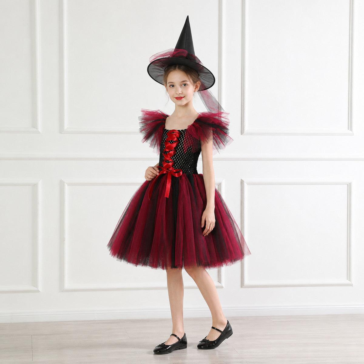 Black and Red Witch Costume with Full Skirt and Hat Costume Headwear detail
