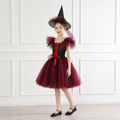 Black and Red Witch Costume with Full Skirt and Hat Costume Headwear detail