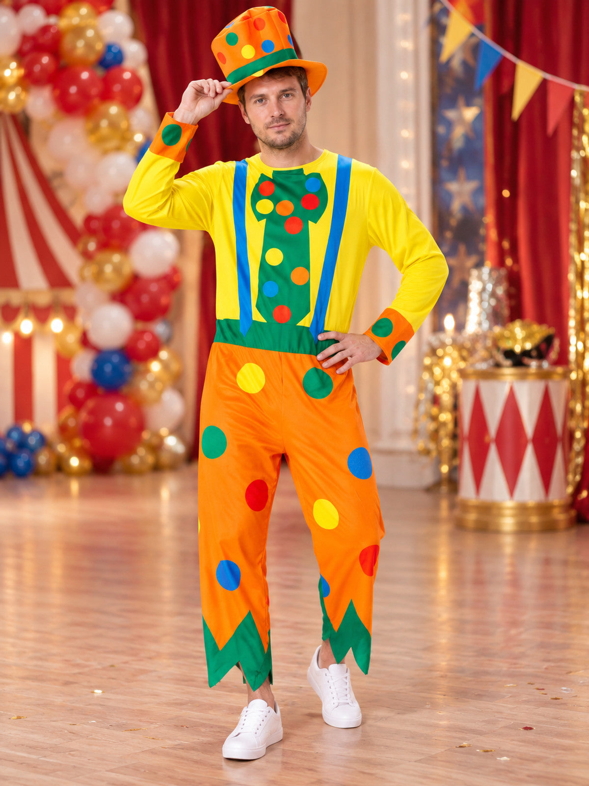 Multicolor Clown Costume with Jumpsuit and Top Hat