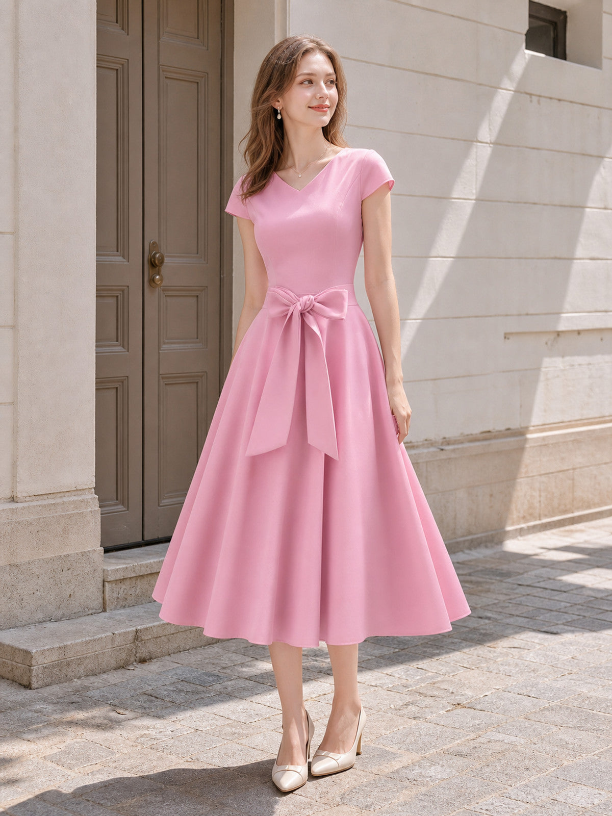 Pink dress in a solid color with short sleeves, a V-neckline, a fitted Costume Dresses detail