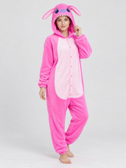 Pink Fleece Hooded Pajama Jumpsuit with Ears