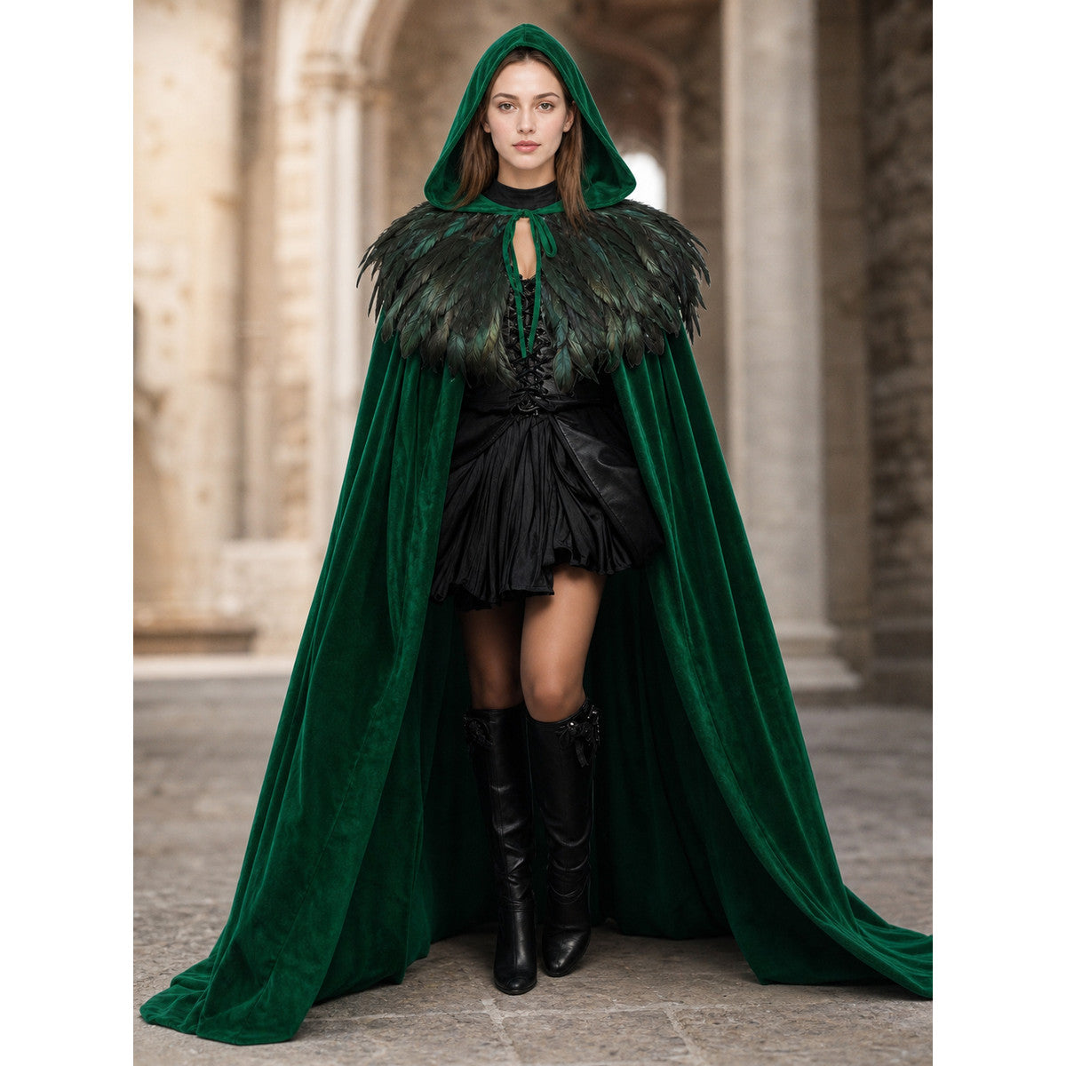 Green Hooded Velvet Feather Cape lifestyle