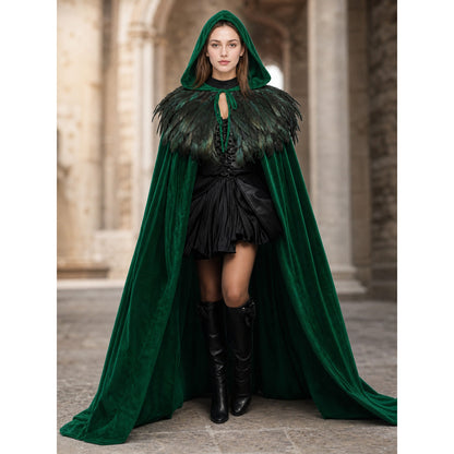 Green Hooded Velvet Feather Cape lifestyle