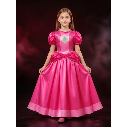 Girls Princess Peach Costume Dress – Pink Puff Sleeve Tutu Gown with Blue Gold main product view