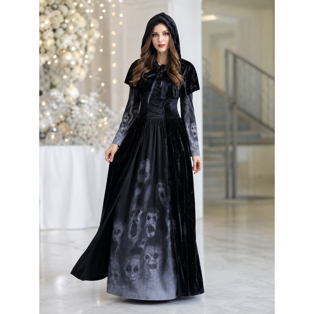 Gothic Hooded Floor-Length Dress with Skull Print lifestyle view
