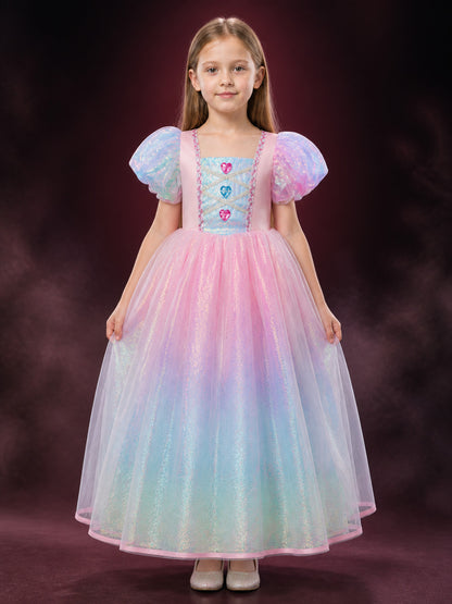 Girls' Rainbow Gradient Sequined Princess Dress with Puff Sleeves main product view