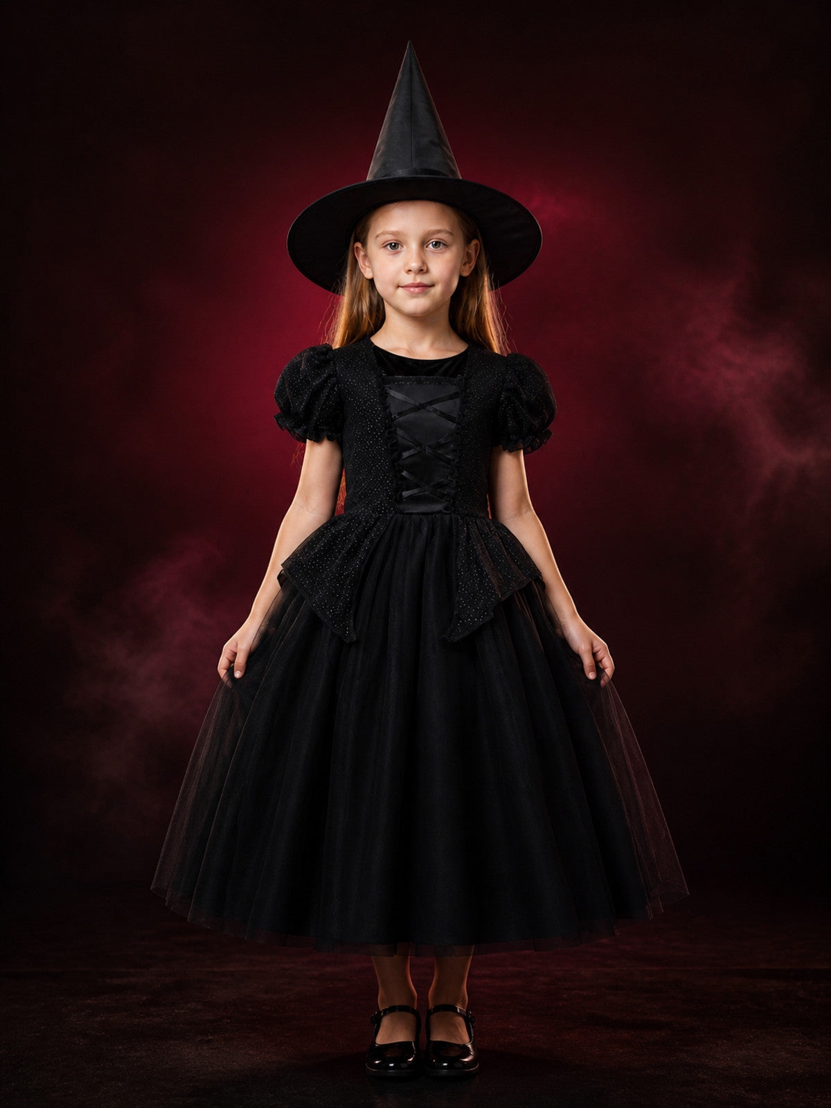 Kids Black Witch Dress with Hat Halloween Costume Set for Girls