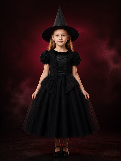 Kids Black Witch Dress with Hat Halloween Costume Set for Girls
