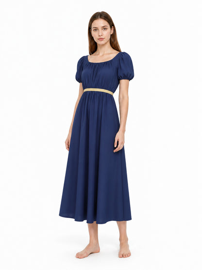 Long Blue Dress with Puff Sleeves and Ribbon Costume Dresses detail