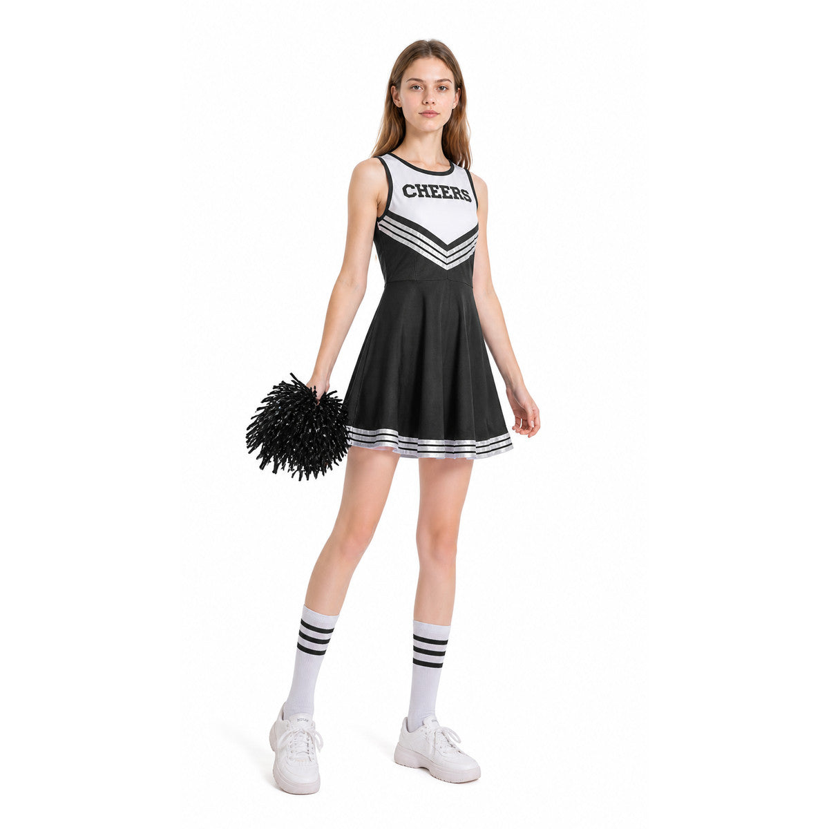 Sleeveless Cheerleader Dress with CHEERS Lettering, Black and White lifestyle view