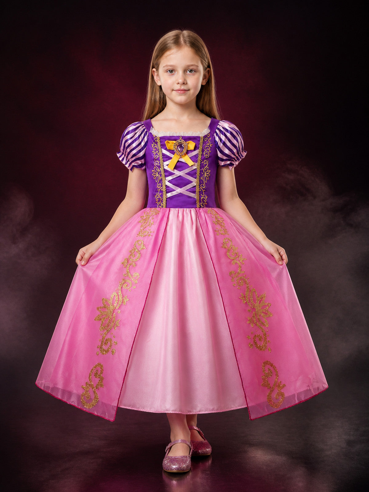 Girls Princess Dress Costume, Purple Pink Puff Sleeve with Heart Bow, Halloween