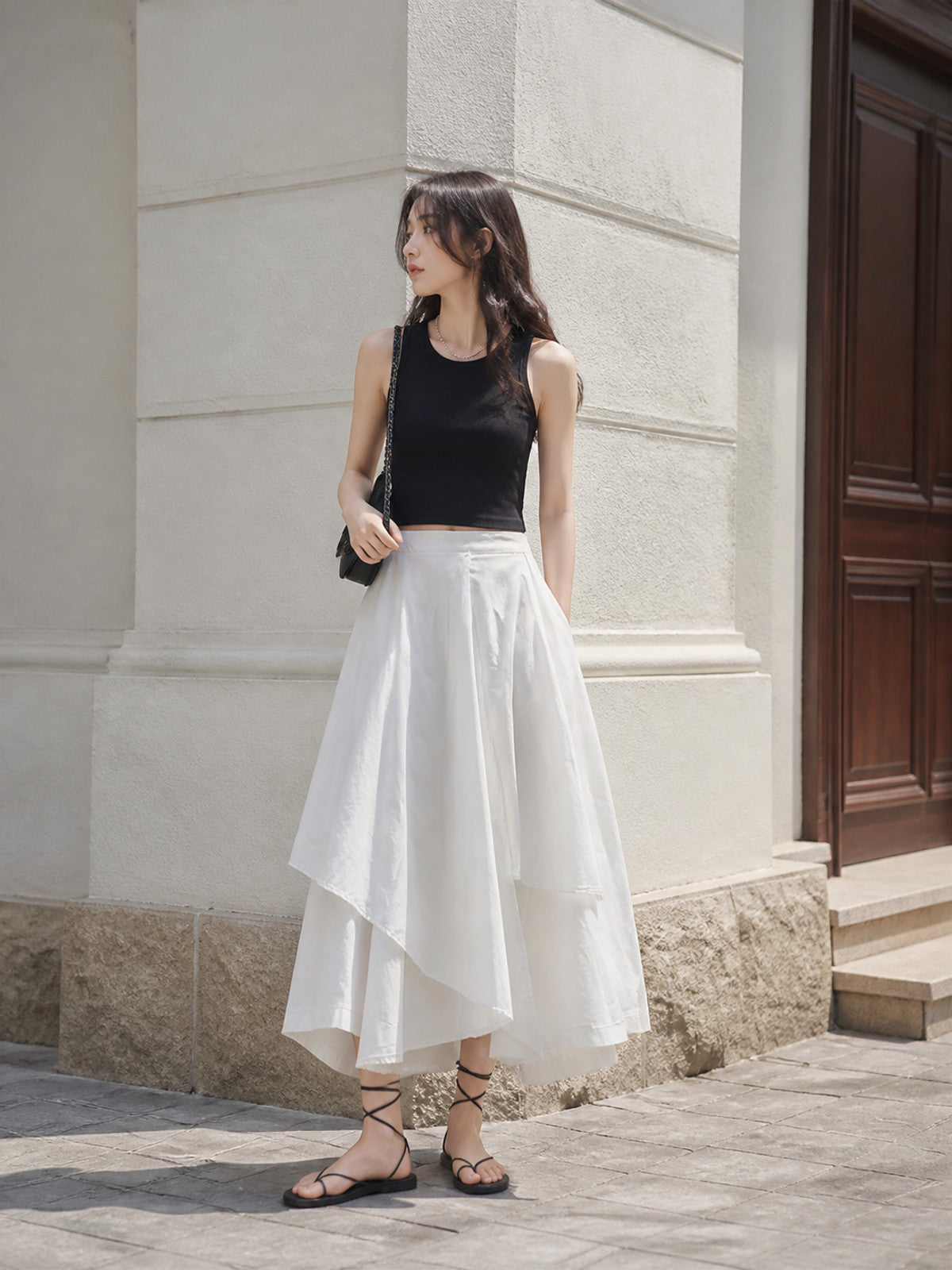 Women's White Long A-Line Skirt with Tiered Hem product detail