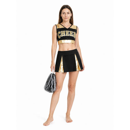 Cheerleading Set: Cheer Top, Gold-Trimmed Skirt, Pom-Poms on-model front view