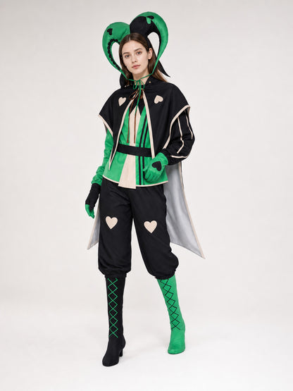 Theatrical jester-clown costume in a black-and-green style for cosplay. The set