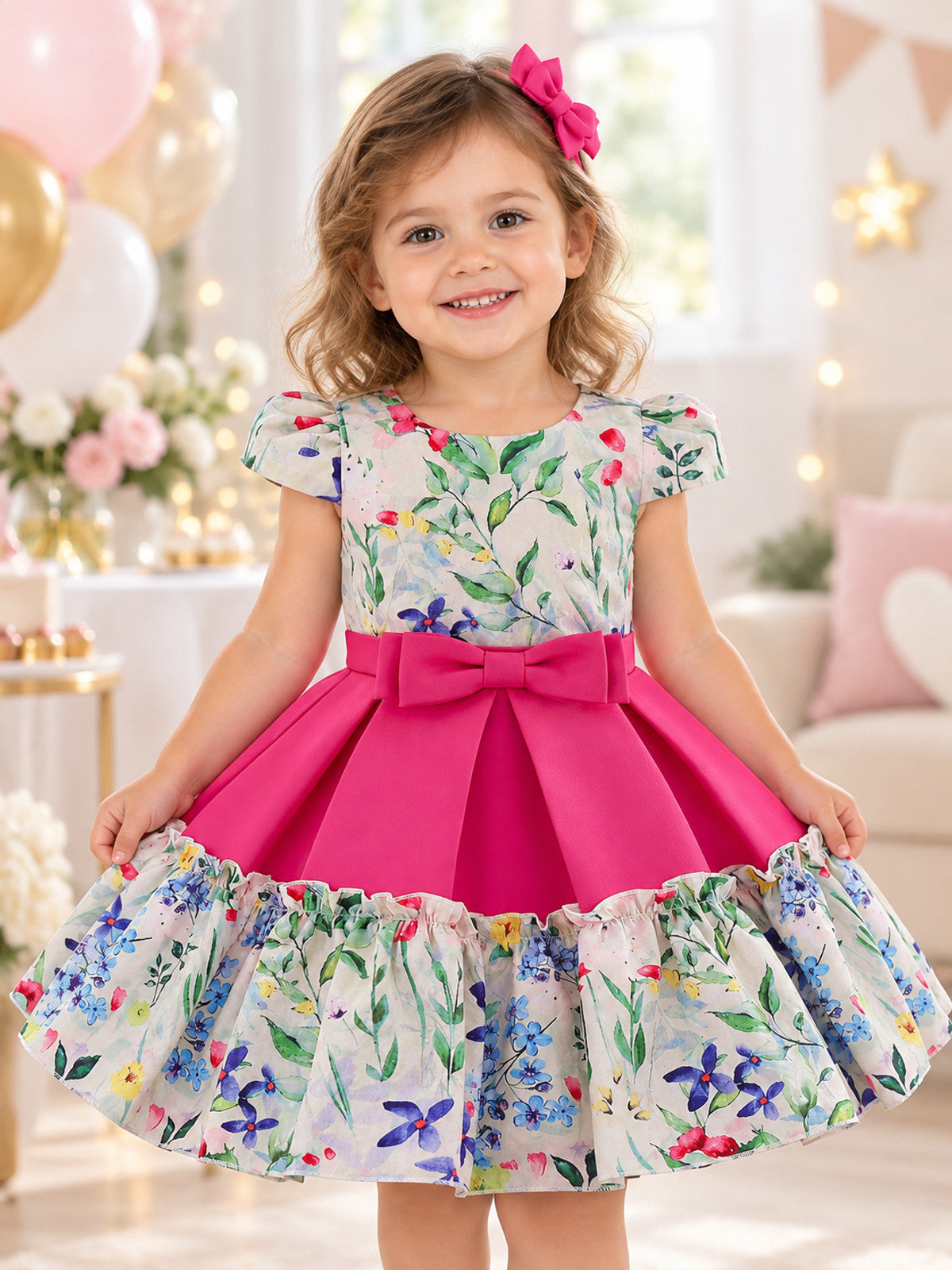 Girls' Dress with Bow and Floral Print