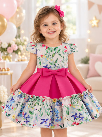 Girls' Dress with Bow and Floral Print
