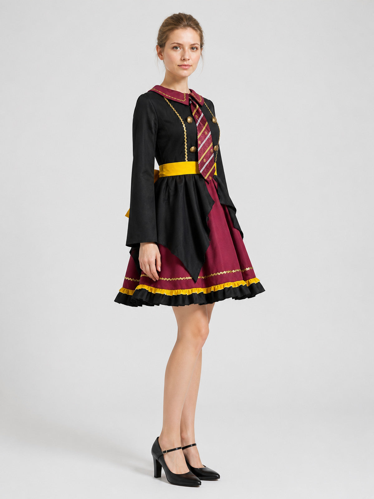 Dress with a Collar, Gold Buttons, and Ruffles side view