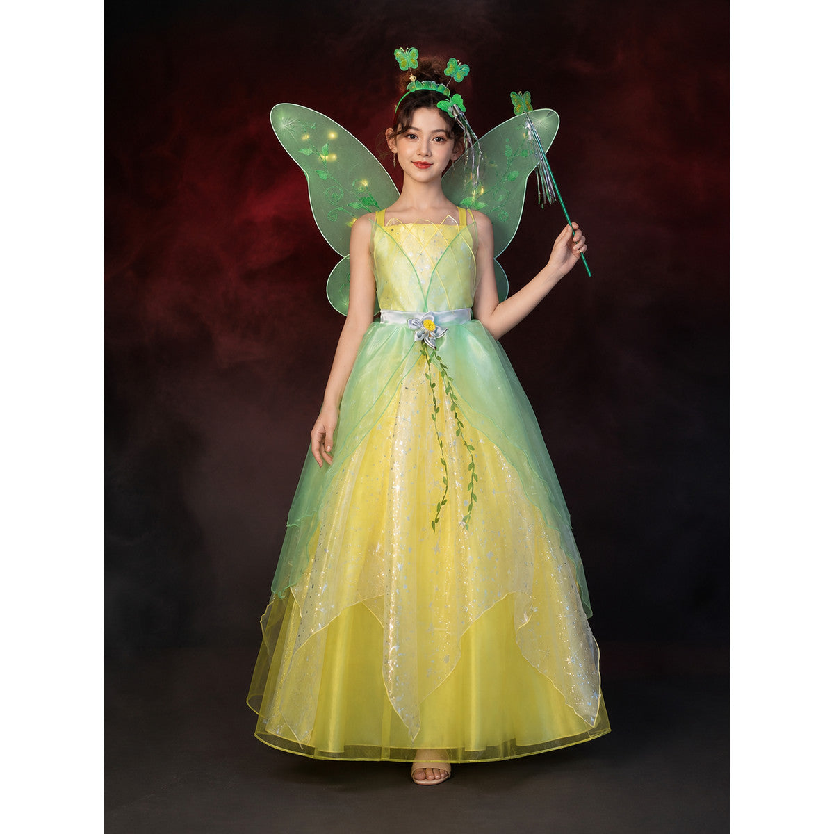 Girl's Fairy Princess Costume Set with Green Dress, Butterfly Wings, Hairband & main product view