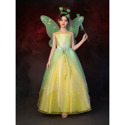 Girl's Fairy Princess Costume Set with Green Dress, Butterfly Wings, Hairband & main product view
