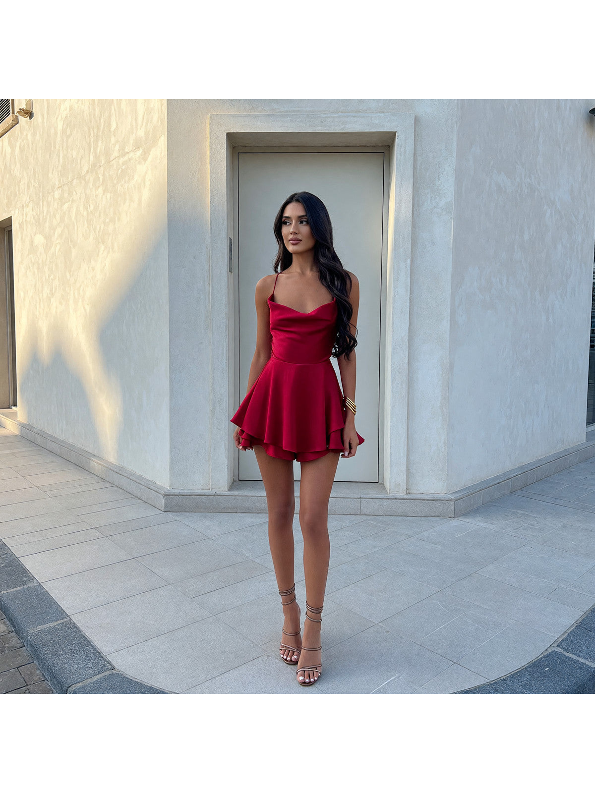 Red Short Dress with Spaghetti Straps and an A-Line Silhouette Costume Dresses detail