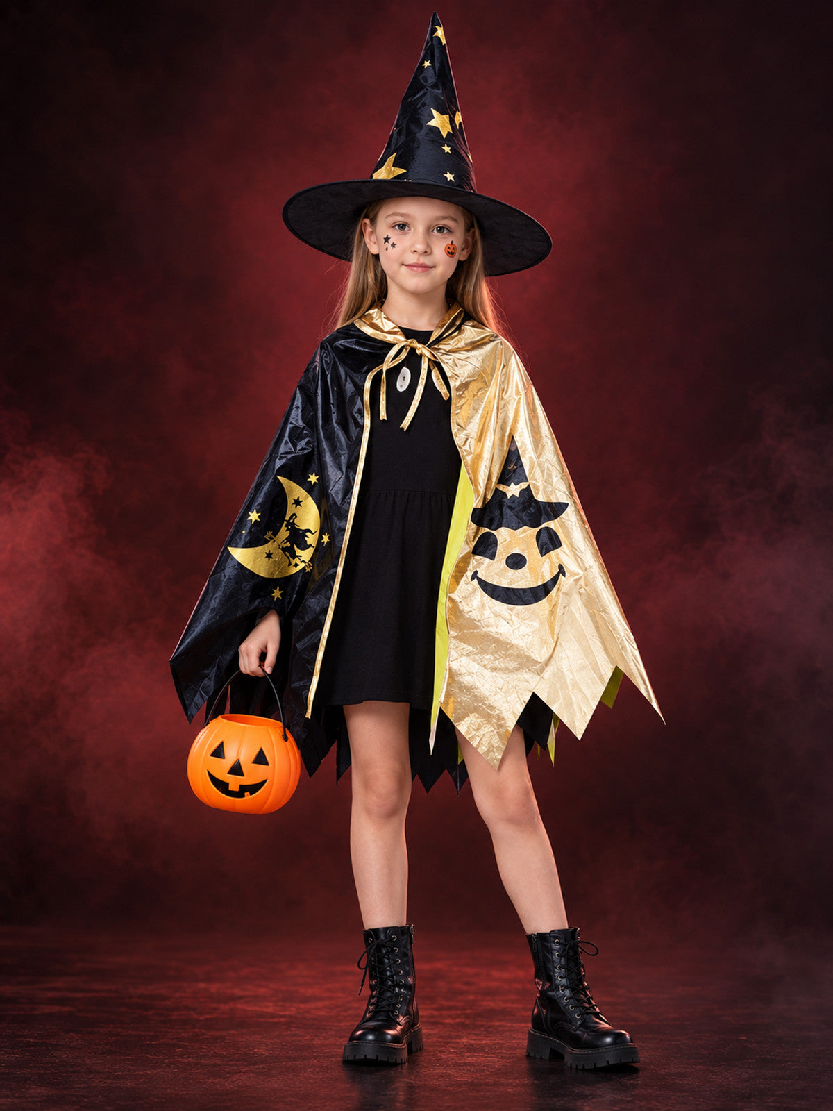 Kids' witch carnival costume with cape and hat