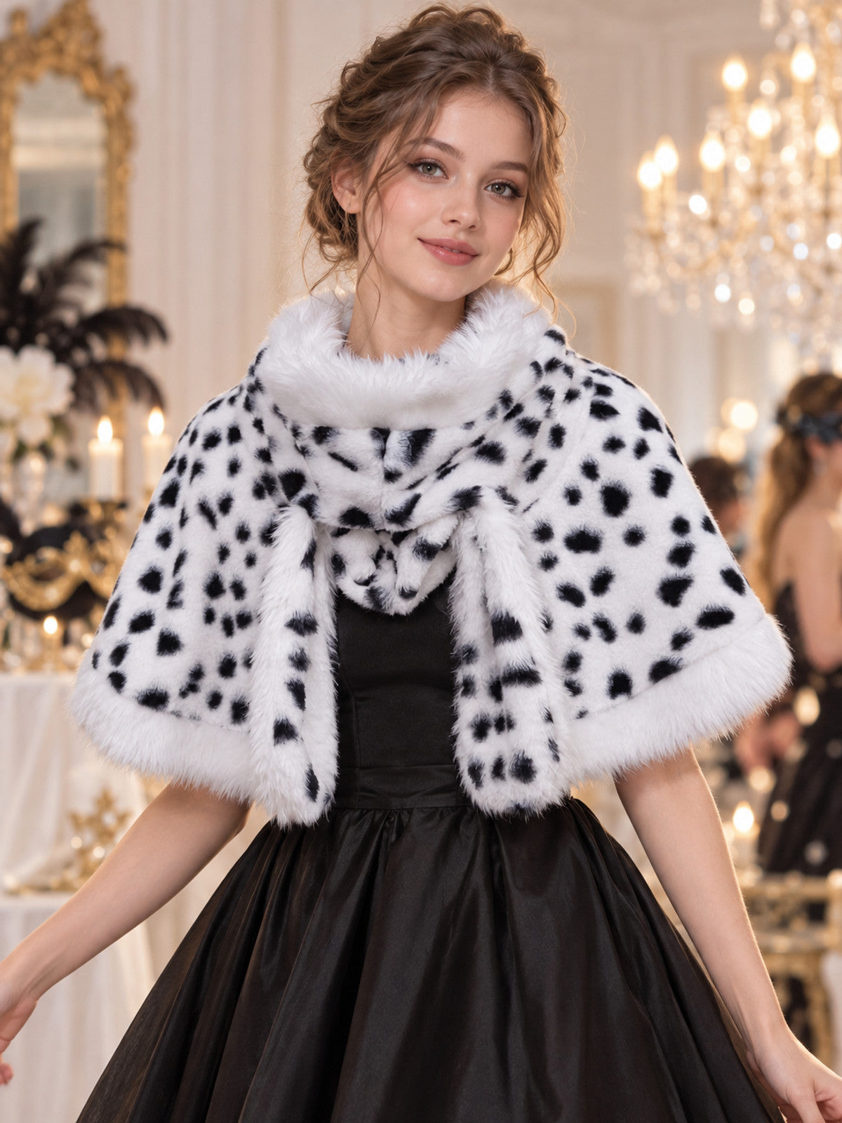 White Faux Fur Cape with Black Spots