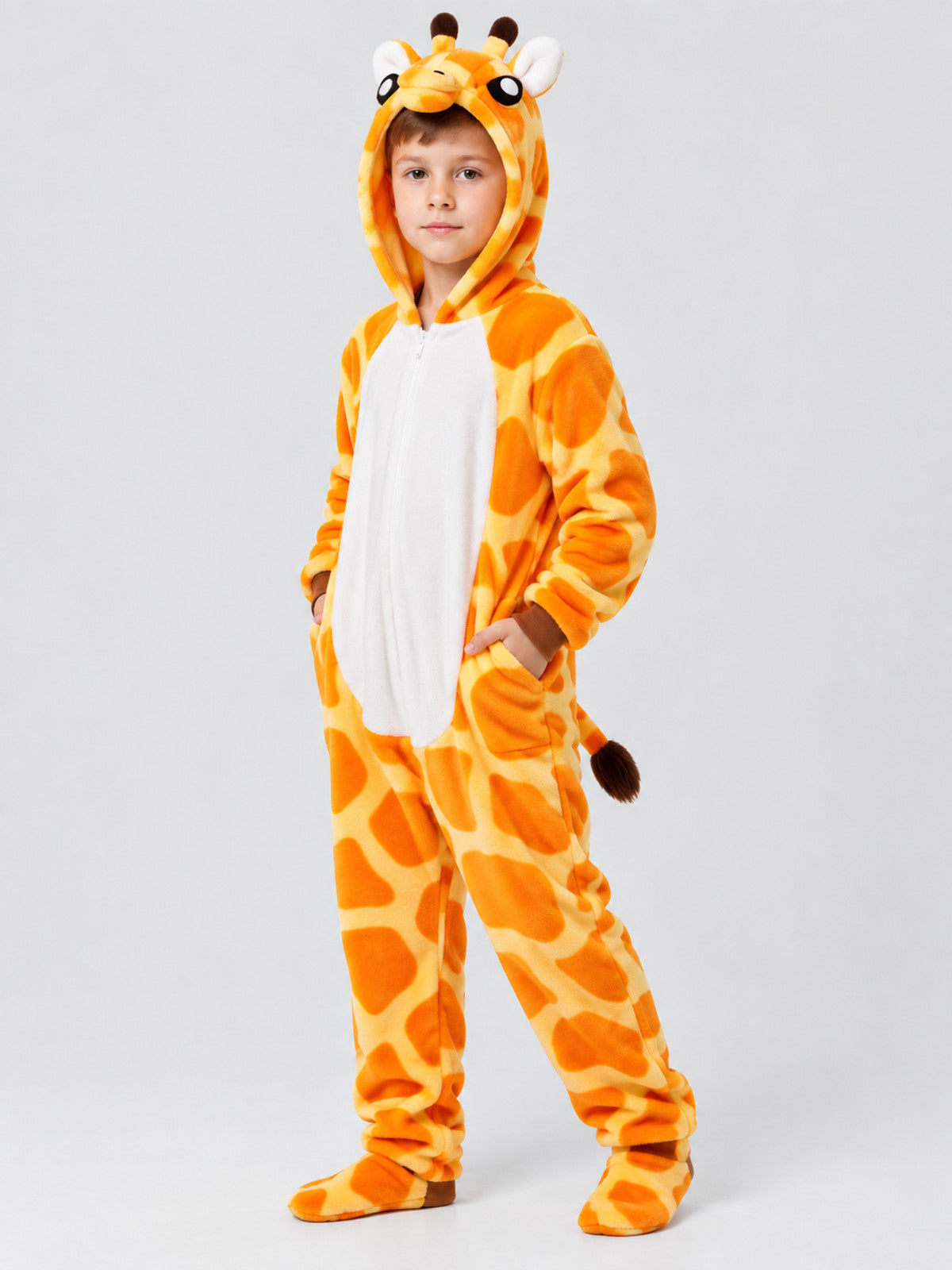 Orange Hooded Pajama Jumpsuit with Giraffe Face