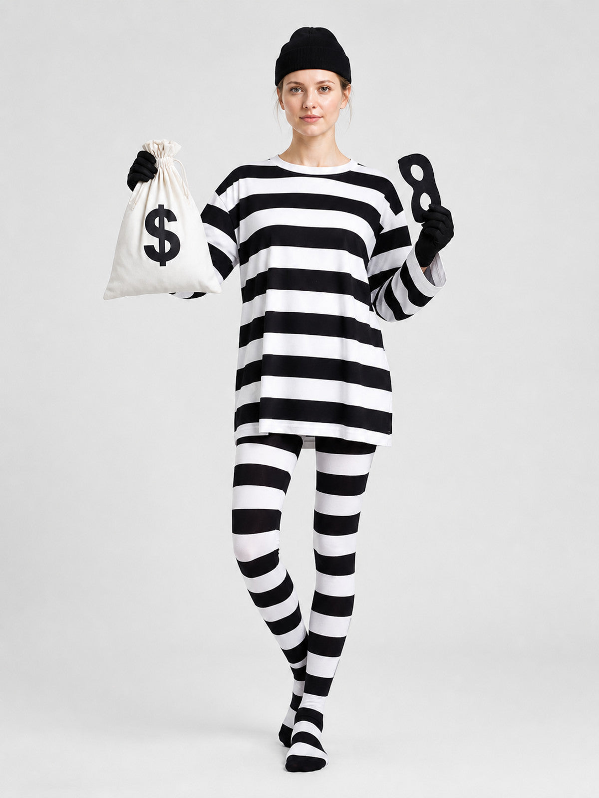 Black-and-White Striped Thief Character Costume