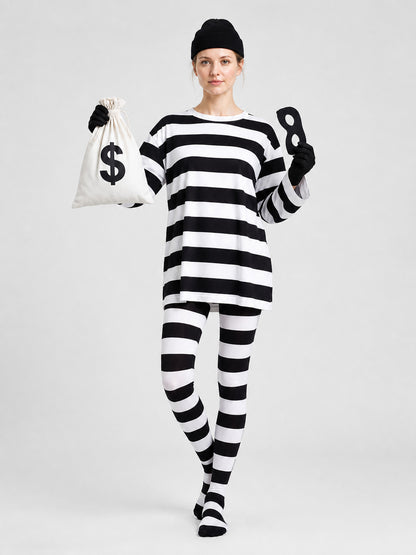 Black-and-White Striped Thief Character Costume