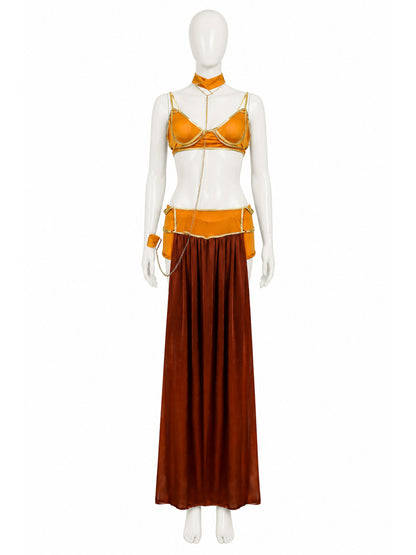 Long Off-the-Shoulder Dress in Orange and Brown